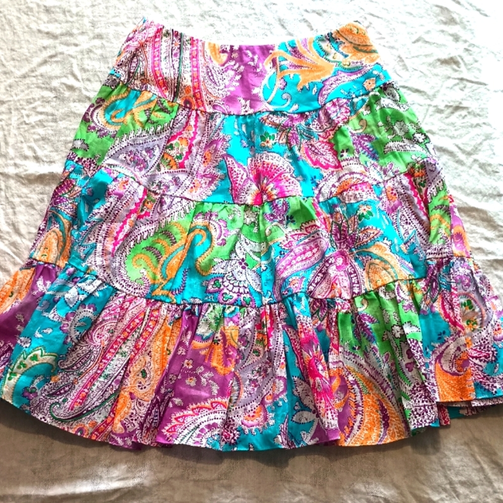 Lauren Ralph Lauren Bright Multicolor Paisley Tiered A-Line Skirt